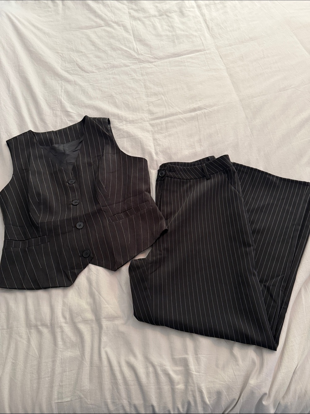 Women's Black Pinstripe Tailored Vest and Pants Set